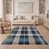 Washable Navy Blue Plaid Area Rug - Low Pile, Non-Slip & Pet Friendly