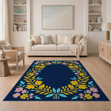 Navy Blue Floral Wreath Area Rug