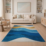 Blue and Teal Layered Blue Wave Abstract Area Rug