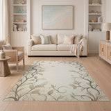 Elegant Beige Vine Leaf Bird Area Rug