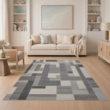 Washable Modern Geometric Grey Area Rug - Low Pile & Non-Slip