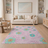 Whimsical Teal Flowers on Pink Area Rug