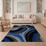 ODIKA Modern Abstract Blue & Grey Washable Area Rug - Low Pile Non-Slip Carpet