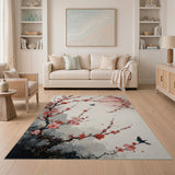 Washable Japanese Cherry Blossom Watercolor Area Rug - Low Pile & Non-Slip