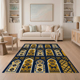 Moroccan Arched Navy Rug with Gold Mythical Beasts
