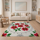 Festive Red Poinsettia Holly Floral Rug