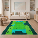 Kids Cartoon Green Playful Green Crocodile Kids Area Rug