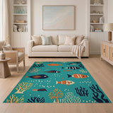 Vibrant Teal Fish Coral Coastal Area Rug