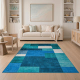 Teal Blue Geometric Block Modern Area Rug