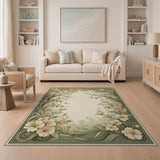 Elegant Green Border Cream Floral Area Rug