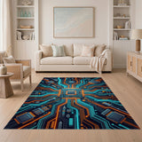 Neon Circuit Blue Teal Washable Area Rug