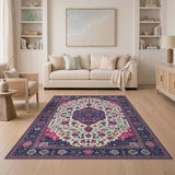 Navy Blue Pink Traditional Persian Area Rug