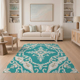 Elegant Teal Ornate Floral Medallion Rug