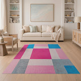 Vibrant Pink Blue Geometric Patchwork Area Rug