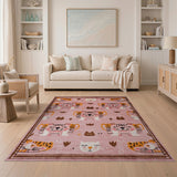 Playful Pink Cartoon Tiger Cat Kids Rug