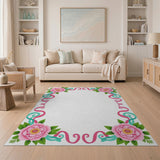 Elegant Pink Peony Floral Border Rug