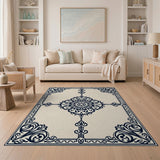 Ornate Navy Floral Medallion Area Rug - Beige