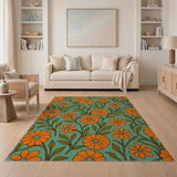 Retro Orange Floral Teal Area Rug