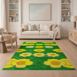 Vibrant Yellow Daisy Shag Area Rug on Green