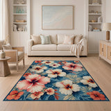 Teal Hibiscus Floral Area Rug