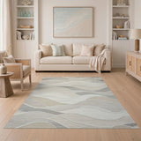 ODIKA Modern Abstract Wave Washable Area Rug - Low Pile Non-Slip Neutral Rug