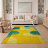 Vibrant Yellow Teal Curved Geometric Area Rug