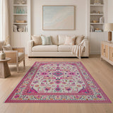 Vibrant Pink Border Persian Motif Area Rug