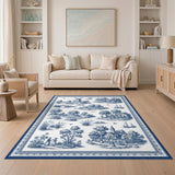 Blue Toile Pastoral Washable Area Rug