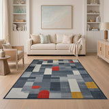 Navy Geometric Area Rug with Red Yellow Circles