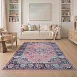 Blush Pink Persian Area Rug with Navy Borders