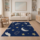 Whimsical Navy Cats UFOs Moons Stars Area Rug