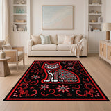 Bold Red Cartoon Cat Area Rug with Stars Bow