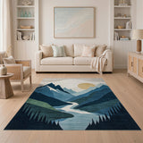 Washable Modern Abstract Mountain Landscape Area Rug - Low Pile & Non-Slip