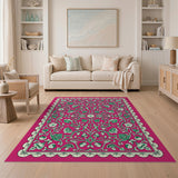 Pink Floral Vine Scalloped Border Area Rug