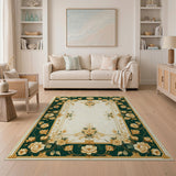 Ornate Green Gold Peony Border Area Rug