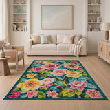 Vibrant Pink Yellow Floral Teal Area Rug