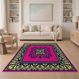 Ornate Pink Mandala Area Rug with Navy Gold Borders