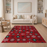 Festive Red Snowflake Geometric Red Area Rug
