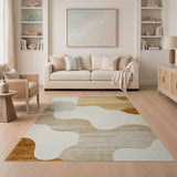Beige and Neutral Wavy Beige Neutral Abstract Area Rug