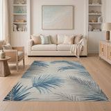 ODIKA Washable Coastal Blue Palm Leaf Rug, Non-Slip Low Pile Area Rug
