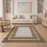 Brown Border Cream Center Woven Area Rug