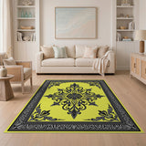 Ornate Black Floral Mandala on Yellow Area Rug