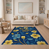 Vivid Yellow Floral on Navy Blue Area Rug