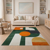 ODIKA Washable Geometric Abstract Area Rug, Modern Green & Orange Low Pile Non-Slip Carpet