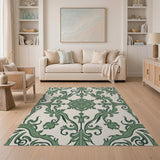 Ornate Green Vine Leaf Damask Area Rug