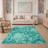 Blue and Teal Teal Fluid Wave Abstract Area Rug