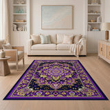 ODIKA Purple & Gold Bohemian Mandala Washable Rug - Low Pile Non-Slip Area Rug