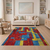 Bold Geometric Abstract Area Rug in Red Blue Yellow