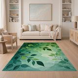 ODIKA Washable Green Botanical Leaves Area Rug - Modern Low Pile Non-Slip Carpet