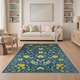 Navy Blue Yellow Floral Persian Area Rug